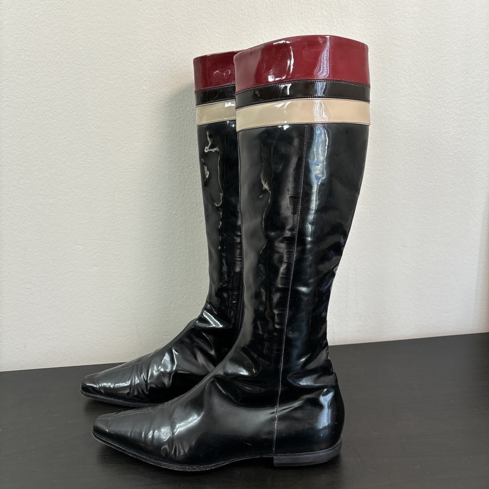 Burberry Red Black Patent Leather Pointed-Toe Knee-High Riding Boots Womens 37.5 - Picture 10 of 16